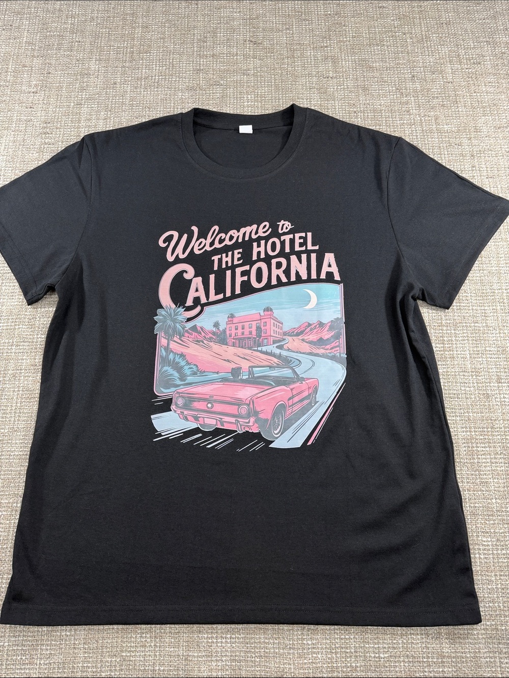 Welcome to the Hotel California Graphic T-Shirt - Black with Pink/Blue Print